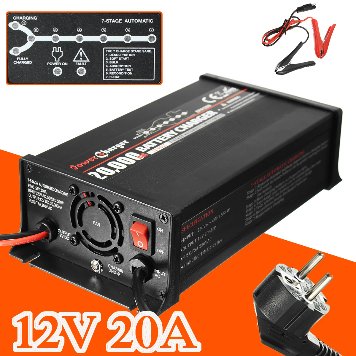 

12V 20A Battery Charger For Lead-acid Battery Fully Automatic 7 Stage Charger