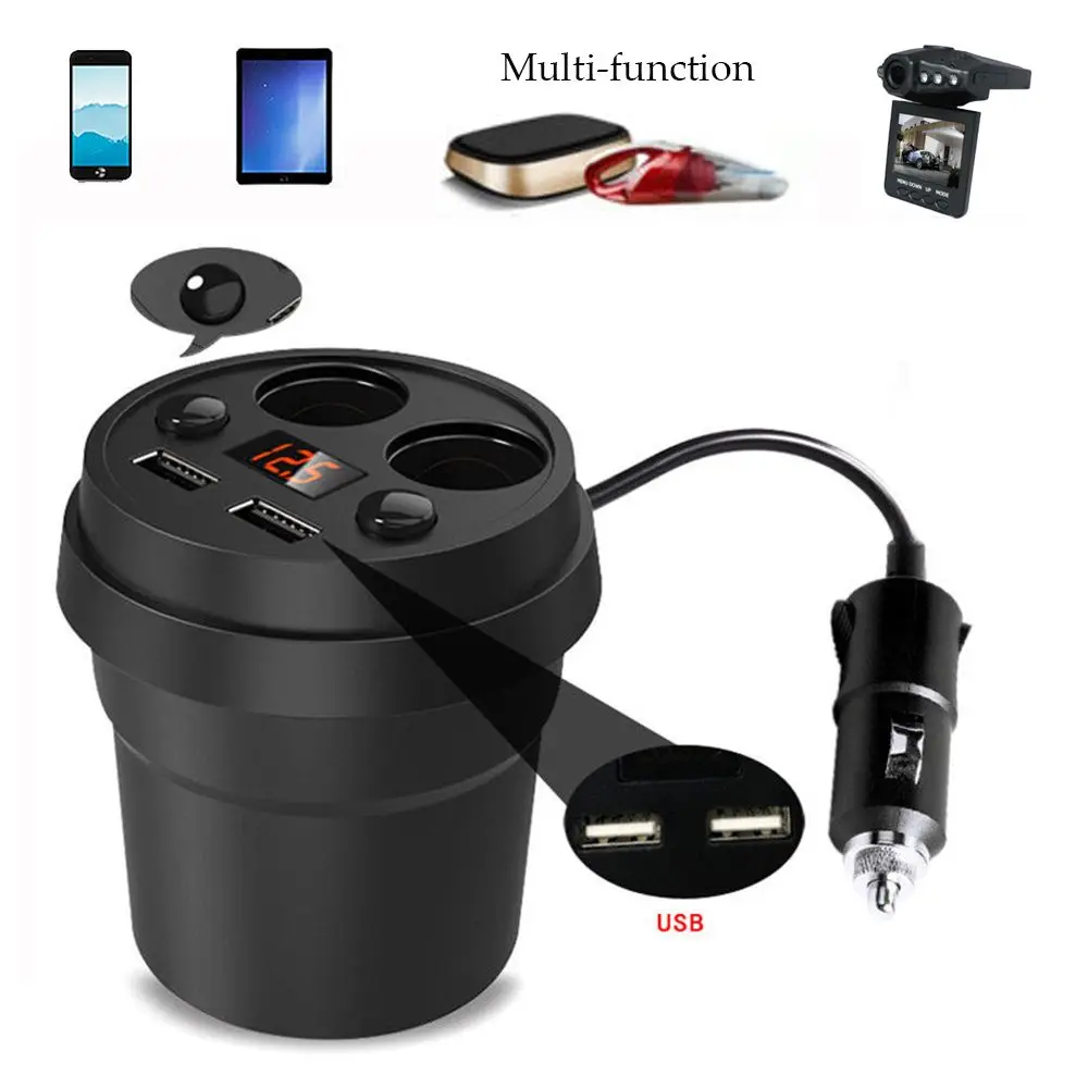 Multi Function Car Charger Mount 2 Cigarette Lighter Dual USB Adapter Voltage Socket Stand Cup