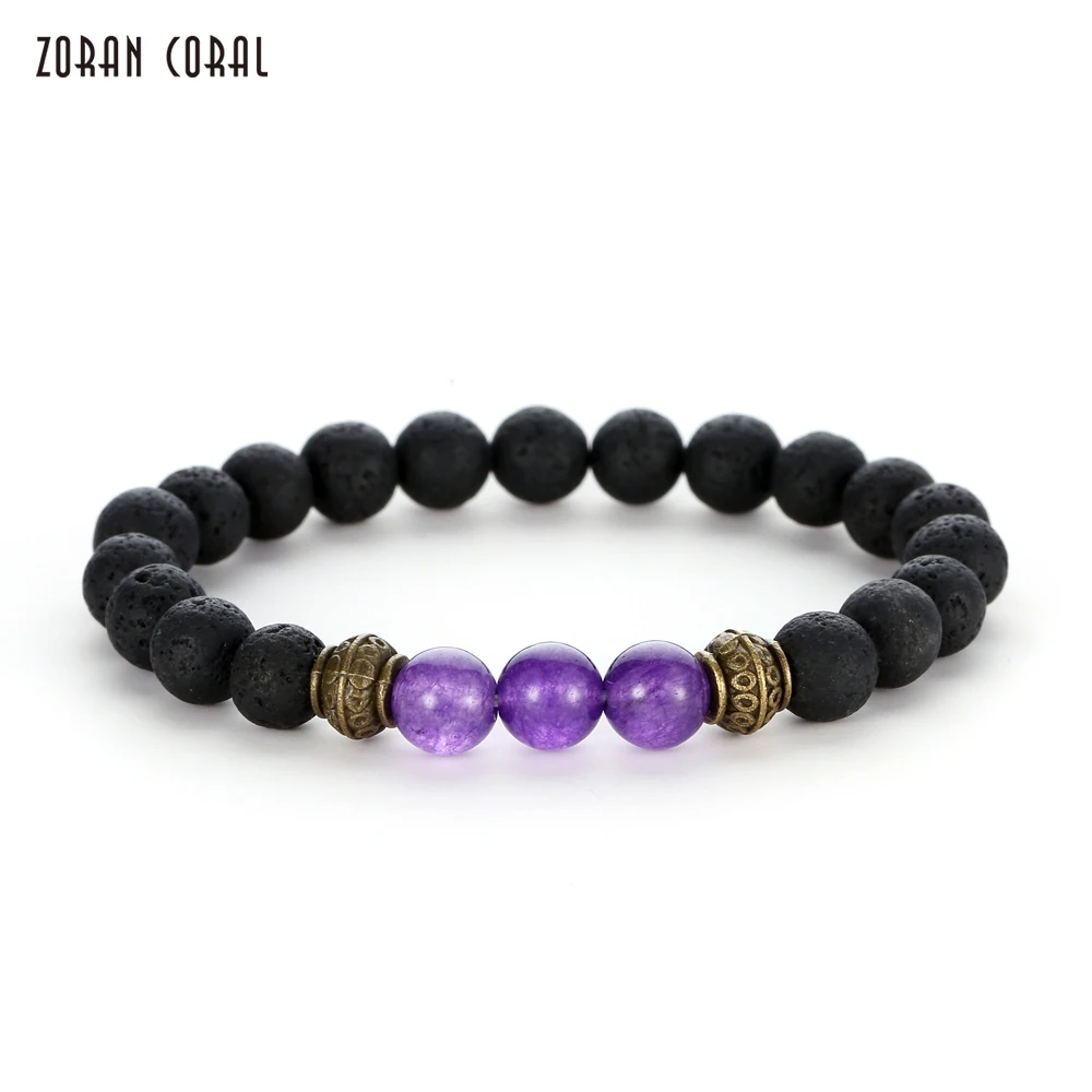 

ZORAN CORAL 2018 New Popular Purple Stone Lucky Beads Bracelet Men Women 8MM Charm Bracelets Jewelry Gift Pulseira Masculina