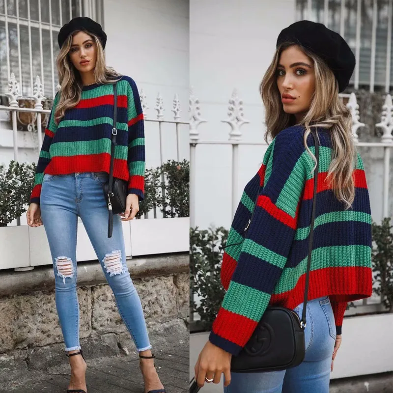 yinlinhe Color Striped Knitted Sweater Women Long Sleeve Autumn Winter Loose Jumper Pullover Female Tops Out Wear 6
