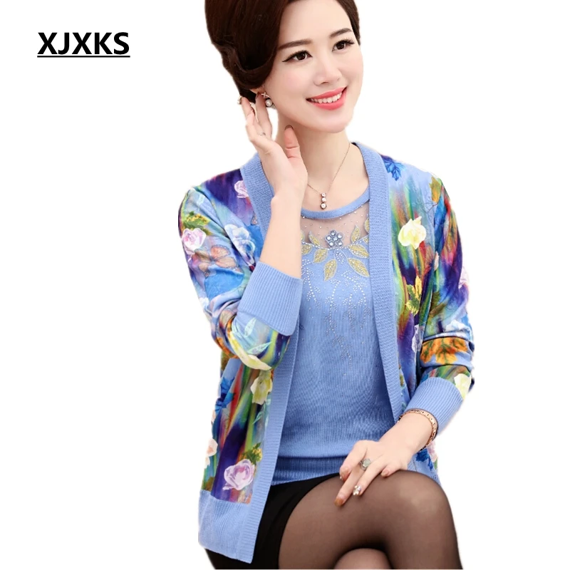 

XJXKS 2019 autumn new women cardigan high-end fabrics printing Loose long-sleeved cardigan piece set women's cashmere sweaters