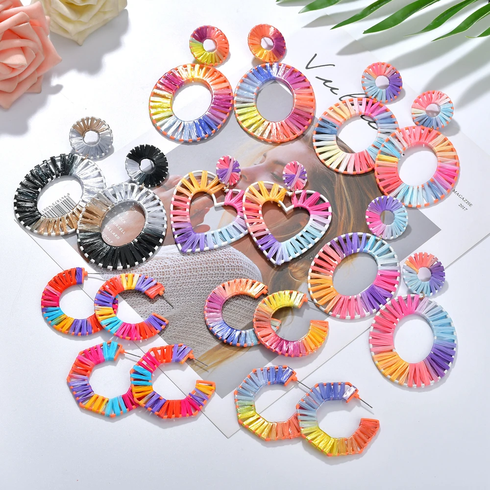 

Hot Sale 12 pair/Lot Newest Fashion Jewelry Bijoux Rainbow Colorful Raffia Earring Big Oval Straw Statement Earrings For Summer