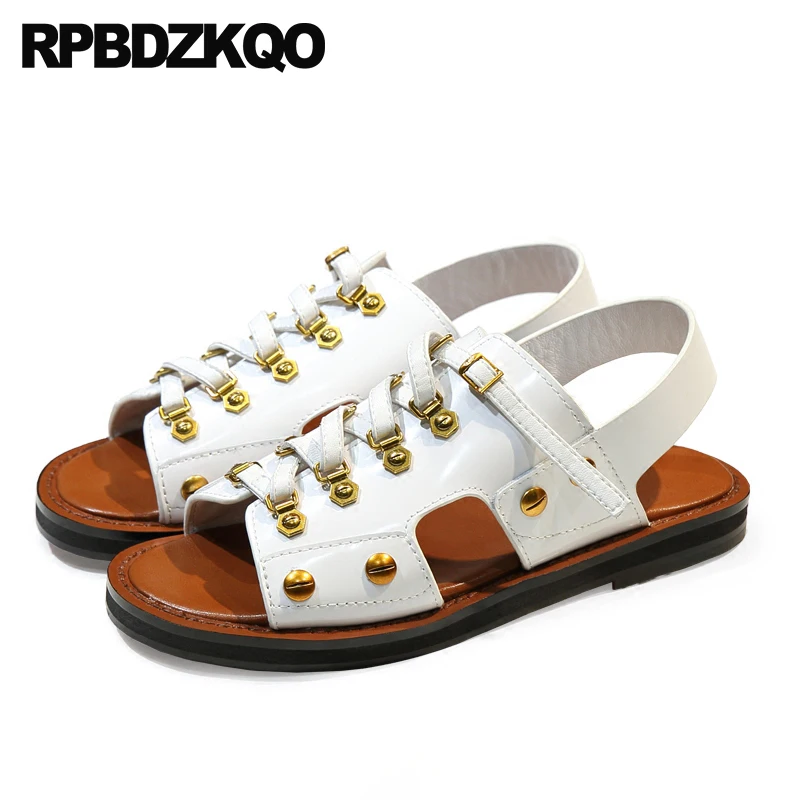 

Strap Genuine Leather Open Toe Flat Strappy Stud White Slingback Famous Brand Rivet Designer Shoes Women Luxury 2017 Sandals