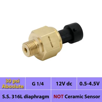 

pressure sensors, 0.2 Mpa, 200Kpa, 30psi absolute, 0.5 to 4.5V output, 9 to 30V supply, stainless steel 316L diaphragm, G1 4