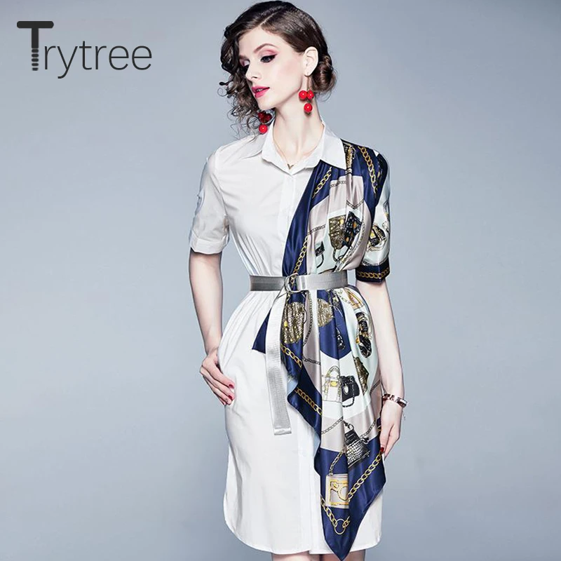 

Trytree 2019 Summer Women Dress Casual Turn-down Collar Belt Asymmetry Silky Patchwork Shirt Dress Above Knee Office Lady dress