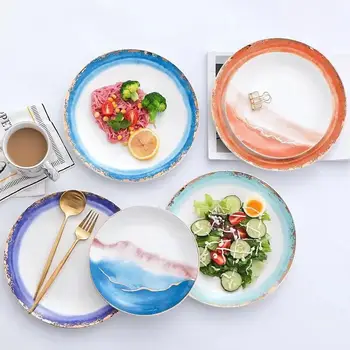 

Gold Inlay Landscape fog Dinner Plates Ceramic Plates Dessert Tray Creative Steak Kitchen Tableware Home Decor Dishes Plates