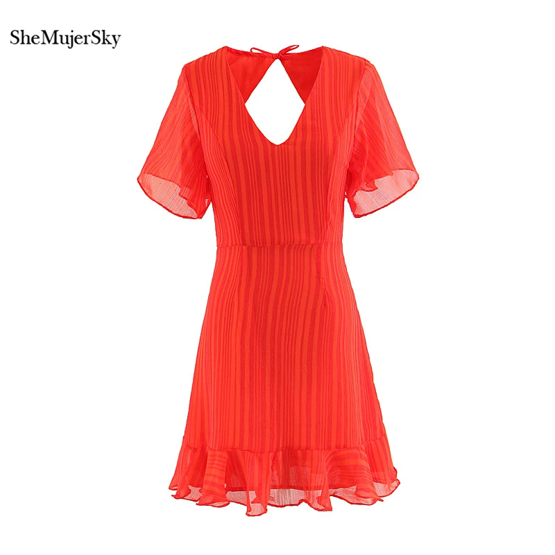 

SheMujerSky Women Summer Chiffon Dress Butterfly Sleeve Two Lays Mini Short Sleeve Dresses Sexy V Neck Backless Beach Dress