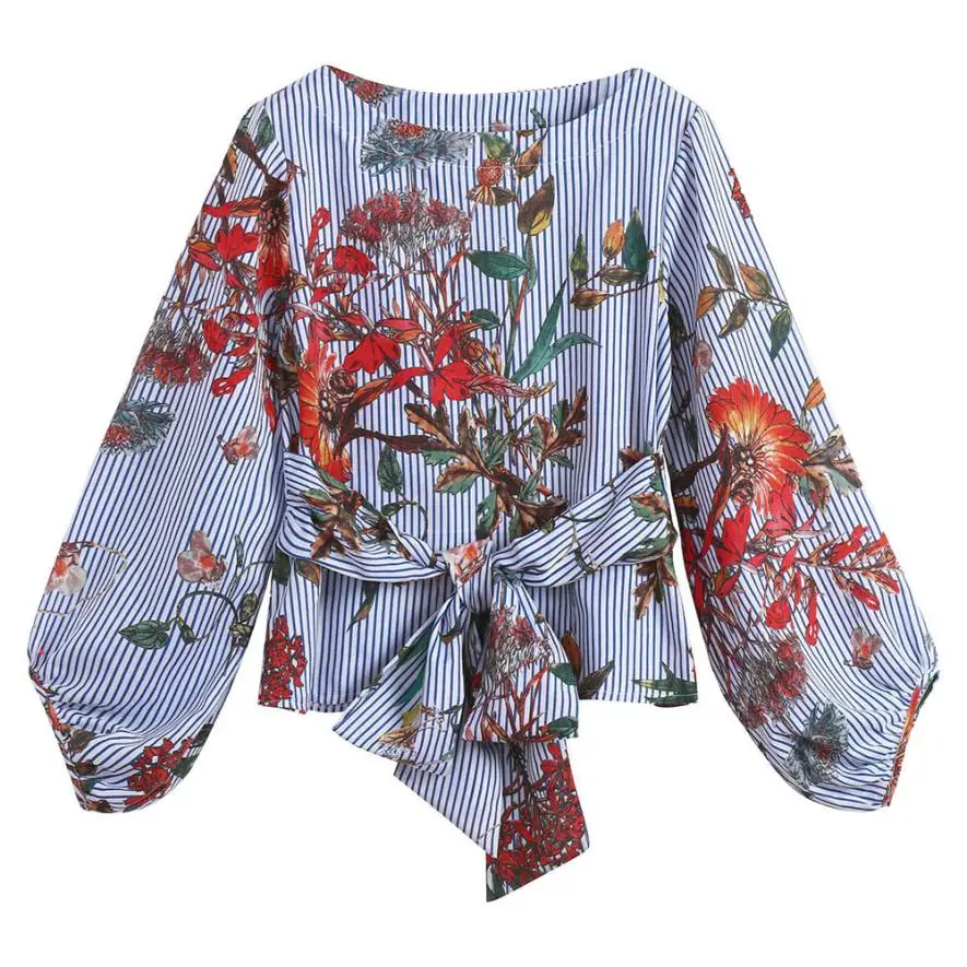 

#4 2018 NEW Fashion Women Lantern Sleeve Belted Mixed Striped Long Sleeve Tops Autumn Floral Blouse