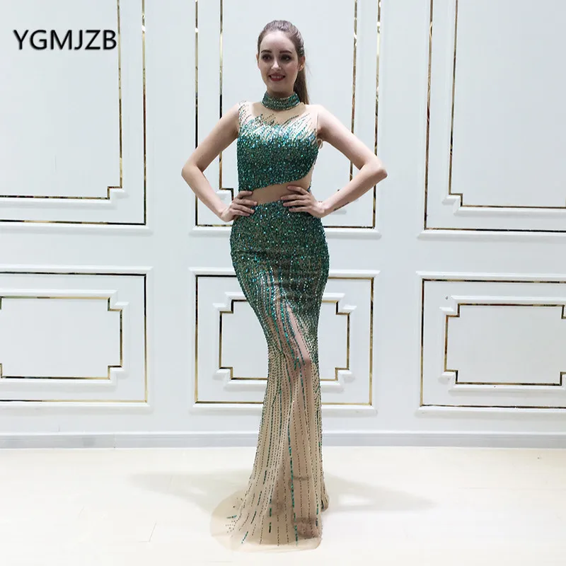

Luxury Green Long Evening Dress Mermaid 2018 Sequins Crystal Beaded Sexy Women Formal Party Gown Prom Dress Robe De Soiree