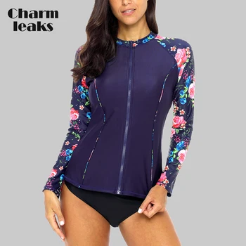 

Charmleaks Women Long Sleeve Zipper Rashguard Shirt Swimsuit Floral Print Swimwear Surfing Top Rash Guard UPF50+ Sun Protection