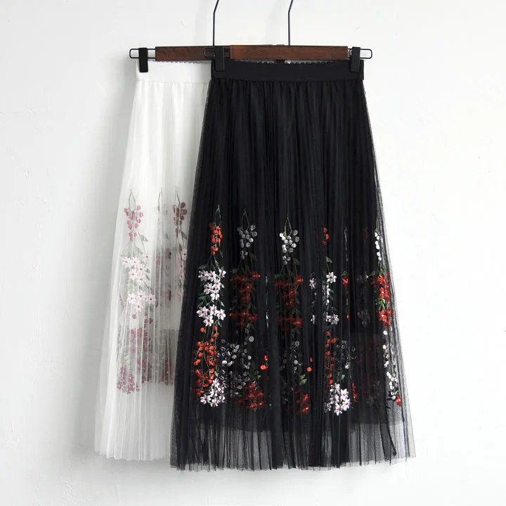 Женская летняя Цветочная вышивка юбка летняя элегантная Тюлевая юбка Женская милая эластичная юбка с высокой талией Феи сетчатая юбка с поясом