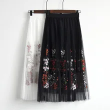 Женская летняя Цветочная вышивка юбка летняя элегантная Тюлевая юбка Женская милая эластичная юбка с высокой талией Феи сетчатая юбка с поясом