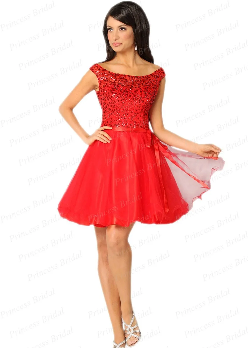 Free Shipping Ladies Custom Made A Line Boat Neck Beaded Tulle