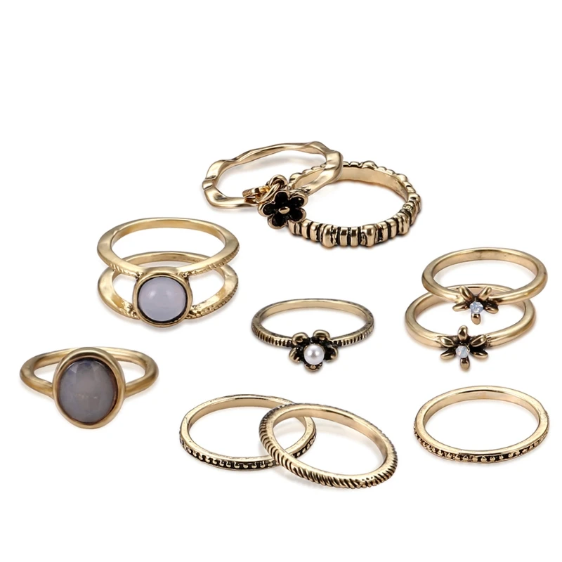

10Pcs Bohemian Vintage Womens Finger Knuckle Rings Set Punk Gem Rhinestone Ring Drop Ship W2952001