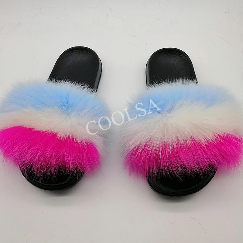 

Women's Hot Street Fur Slippers Casual Fluffy Furry Beach Flip Flops Ladies Indoor Push Breathable Shoes Contrast Color Slides