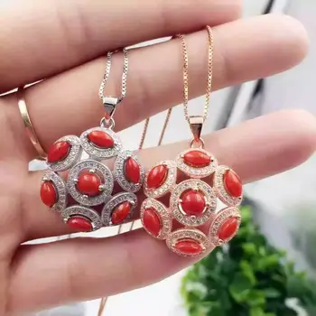 

natural red coral pendant S925 silver Natural gemstone Pendant Necklace Retro luxury Hydrangea ball women party girl jewelry