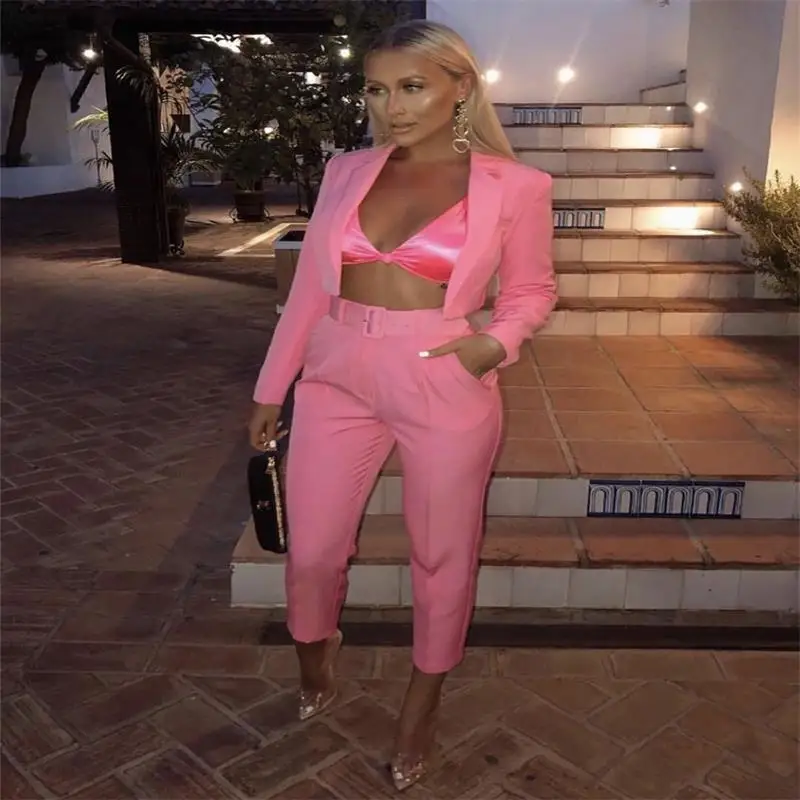 

Europe and the United States 2019 summer new solid color loose temperament fashion slim long sleeved suit outside suit two piece