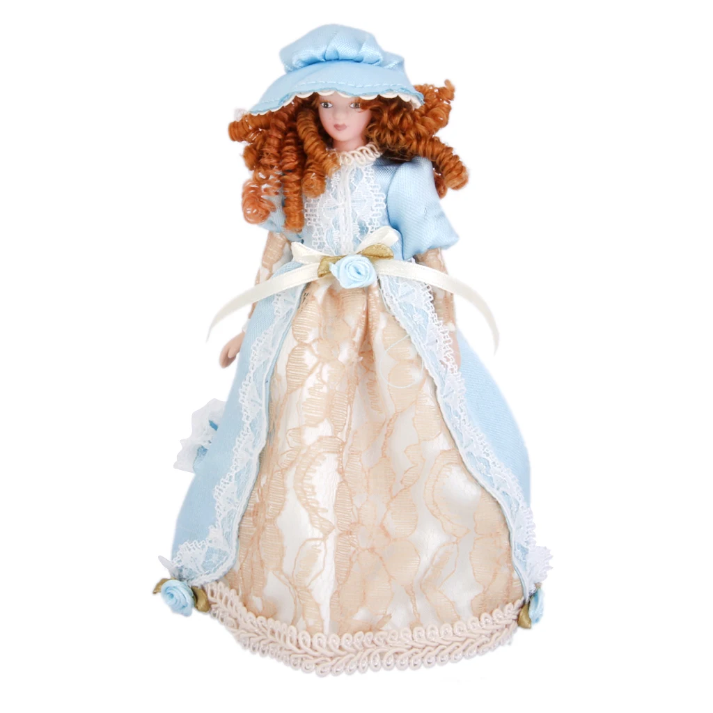 Dollhouse Miniature Porcelain Dolls Victorian Lady in Dress & Hat with Stand