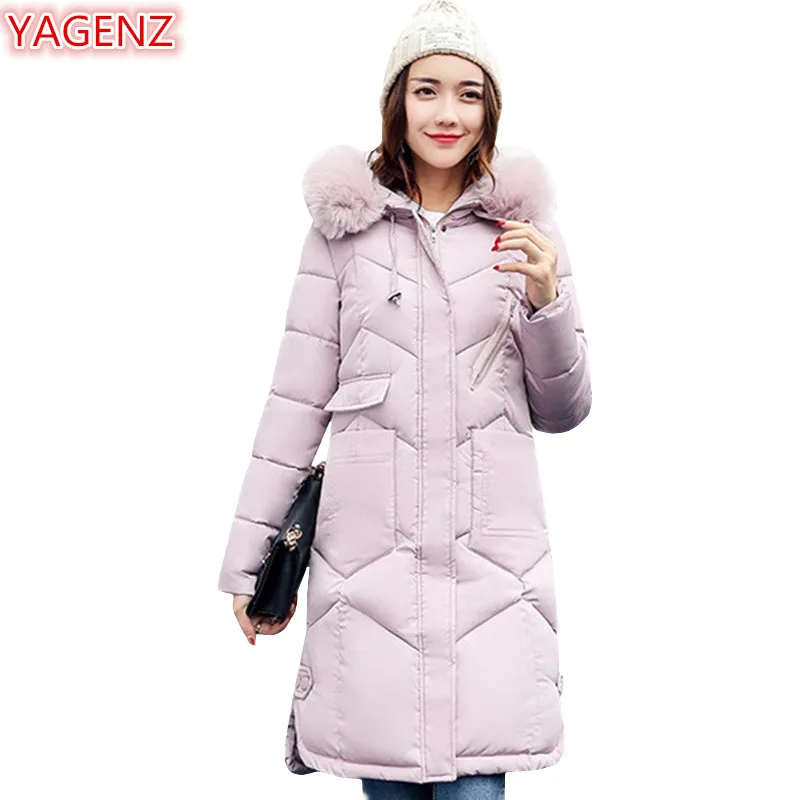 

YAGENZ Women Red Coat Winter Cotton Jacket Long section Large size Keep warm Women's clothing Fashion Fur collar Hooded Coat 616