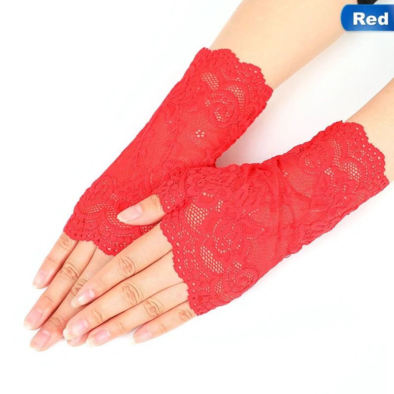 Длинные женские сексуальные кружевные перчатки без пальцев зимние белые черные женские сетчатые перчатки с открытыми пальцами с подогревом - Цвет: RD
