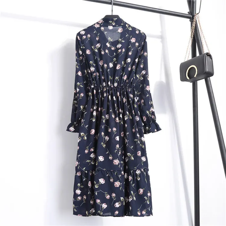 24 Types Floral Print Dresses Women Autumn Chiffon Dress Casual Bowknot O-Neck Long Sleeve Vestidos Mujer Retro Robe Femme Dress (17)
