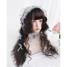 Косплей салон H762445 Лолита 70 см длинные вьющиеся черные с челкой Япония милый Хэллоуин дамы синтетические волосы пушистый косплей парик+ шапка