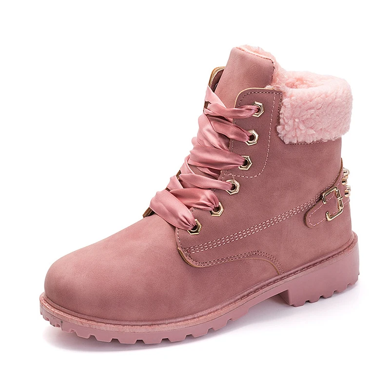 

LEMAI New Pink Women Boots Lace up Solid Casual Ankle Boots Martin Round Toe Women Shoes winter snow boots warm british style