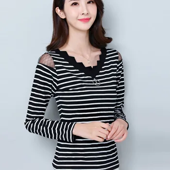 

Autumn Fashion Lady White Striped T-Shirts Plus Size M-3XL Lace Patchwork Design Women Casual Tees / Tops