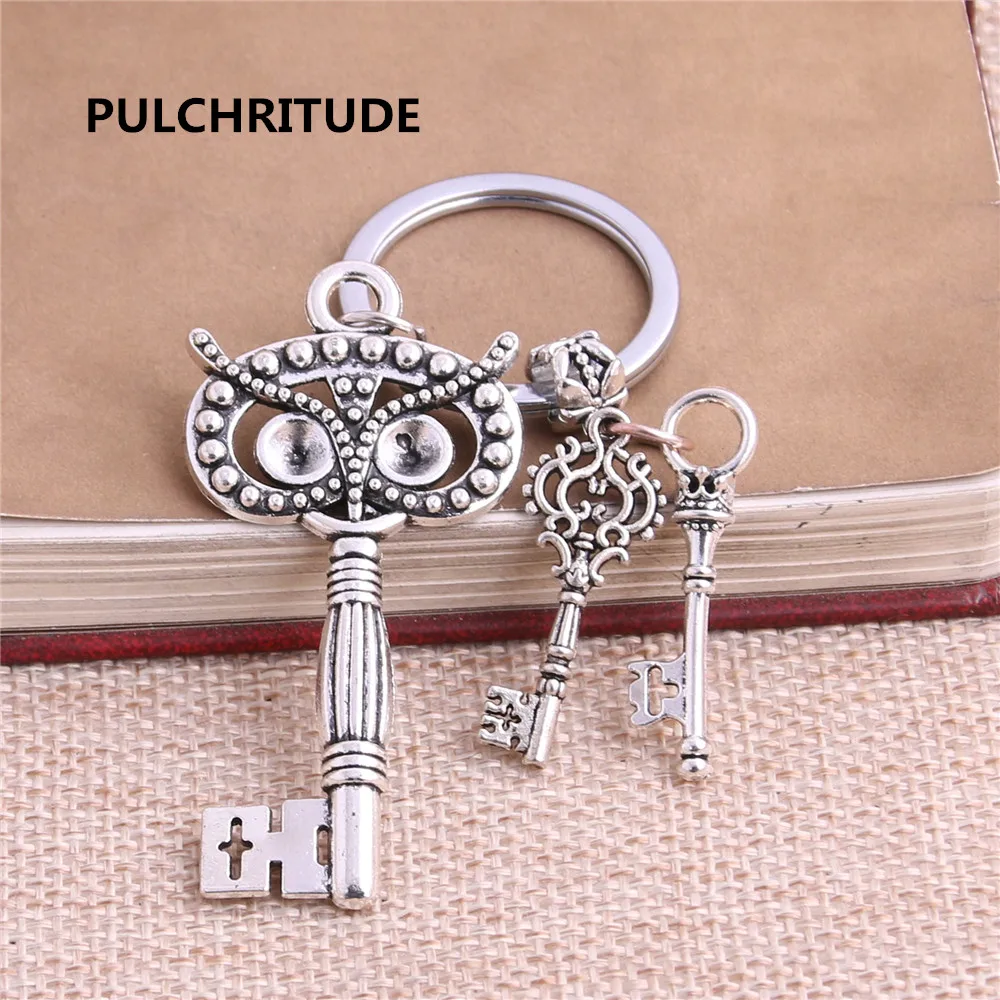 

PULCHRITUDE 2 pcs/lot Metal Antique Silver Key Letter Charm Key Ring DIY Metal Animal Owl Key Pendant Jewelry Making C0233