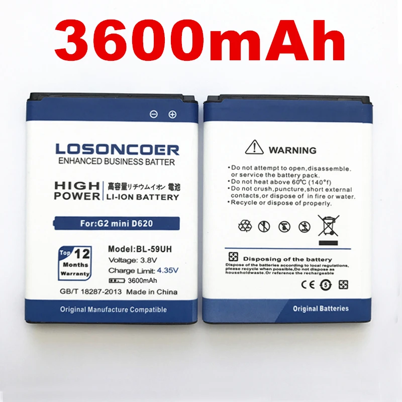 100% Оригинальный аккумулятор LOSONCOER 3600 мАч BL 59UH высокое качество для LG G2 mini D620 D620R D620K