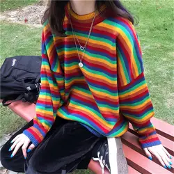 여성용 한국 하라주쿠 홍콩 풍의 루즈 스트라이프 스웨터, 일본 카와이 얼짱 의류