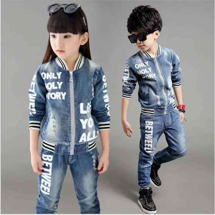 Spring Autumn Children Clothing Sets Boys Girls Denim Clothes Suit English Words Children Tracksuit for 5