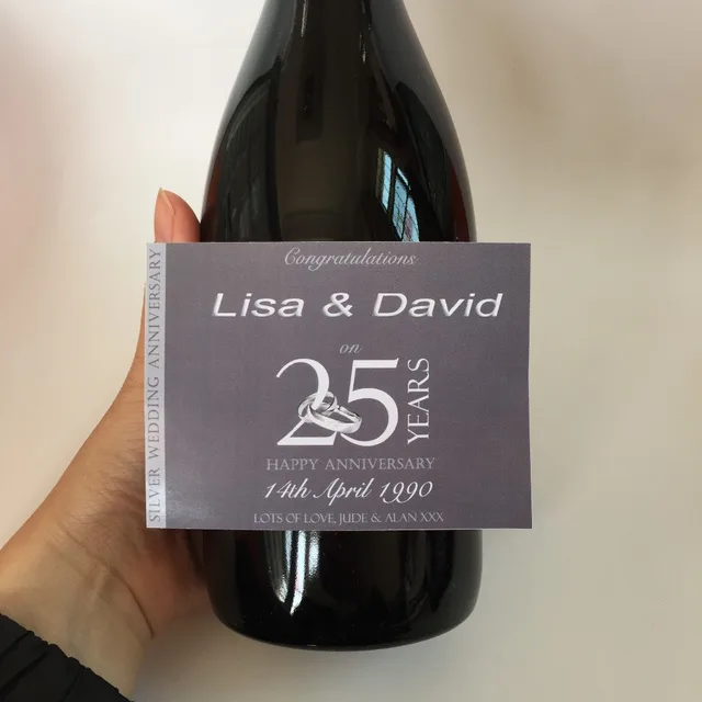 personalized custom wine champagne bottle label silver 25th