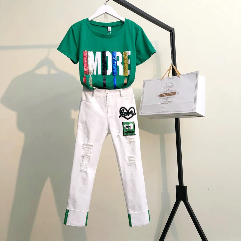 

Summer Two Piece Sets Women Short Sleeve Sequins Tshirts And Denim Ripped Jeans Sets Suits Casual Women's Cropped trousers Sets