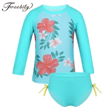 Цветочный принт голубой купальник для девочки с длинным рукавом, одежда для купания для девочек, UPF50+ защищают от УФ-лучей с защитой от солнечных лучей, на детей, купальный костюм Одежда для купания, костюмы