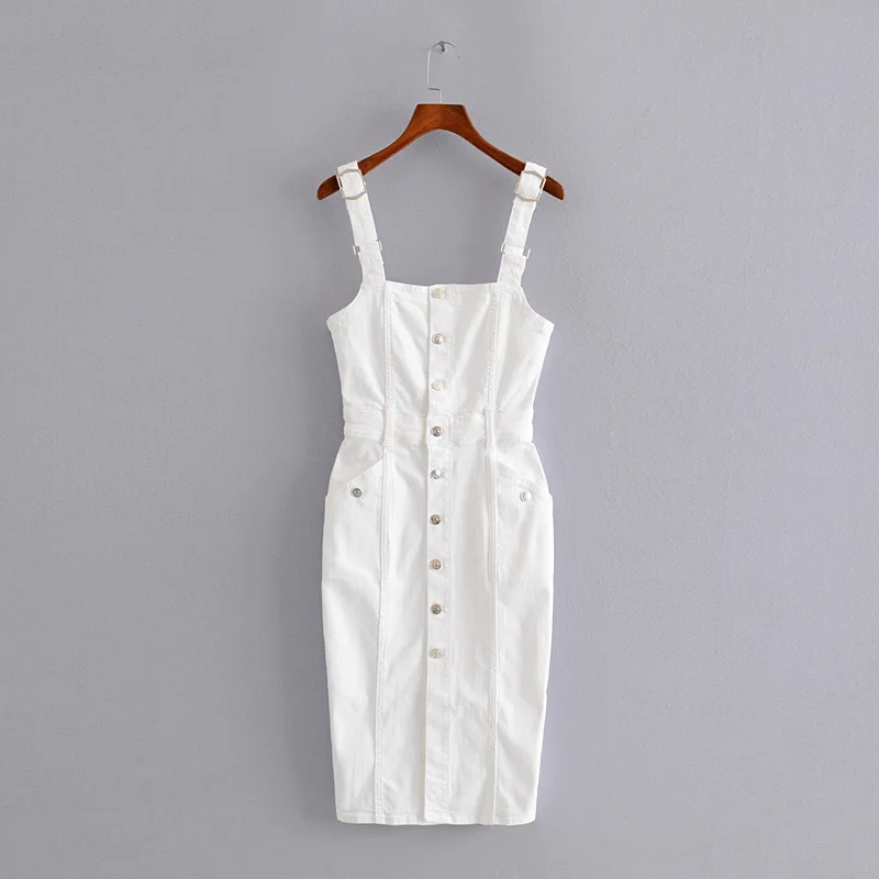 

QZ204 New Women Slim Waist White Color Suspender Dress Brief Bodycon Denim Vestidos