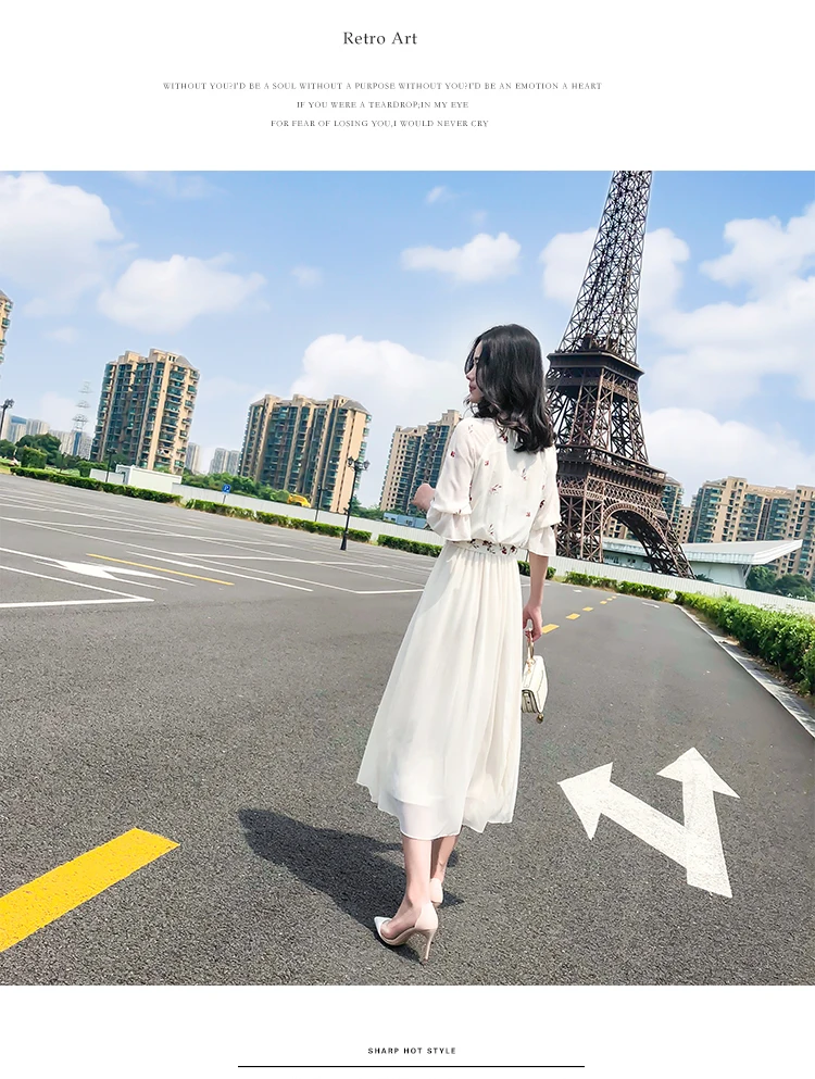 Летние новые женские платья с цветочной вышивкой шикарное платье трапециевидной формы с высокой талией шифоновое винтажное длинное платье для женщин