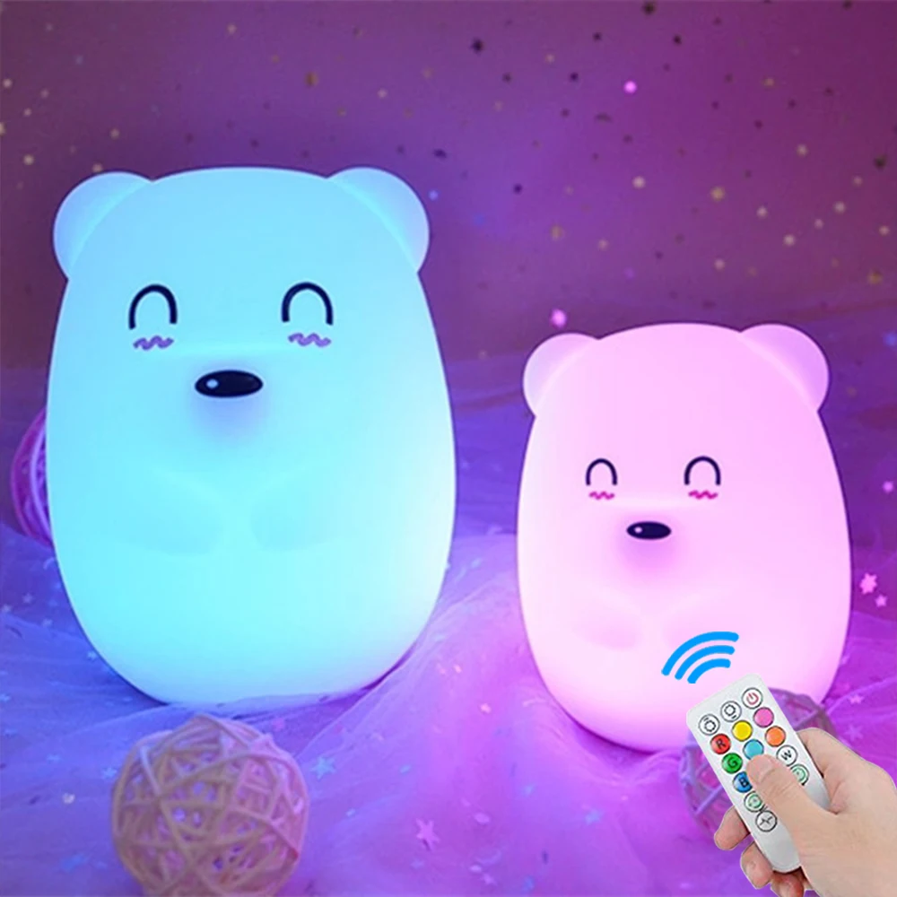 Bear LED Night Light Remote Control Timing Touch Sensor 9 Colors USB Charging Silicone Animal Bedside Lamp for Children Baby (18)