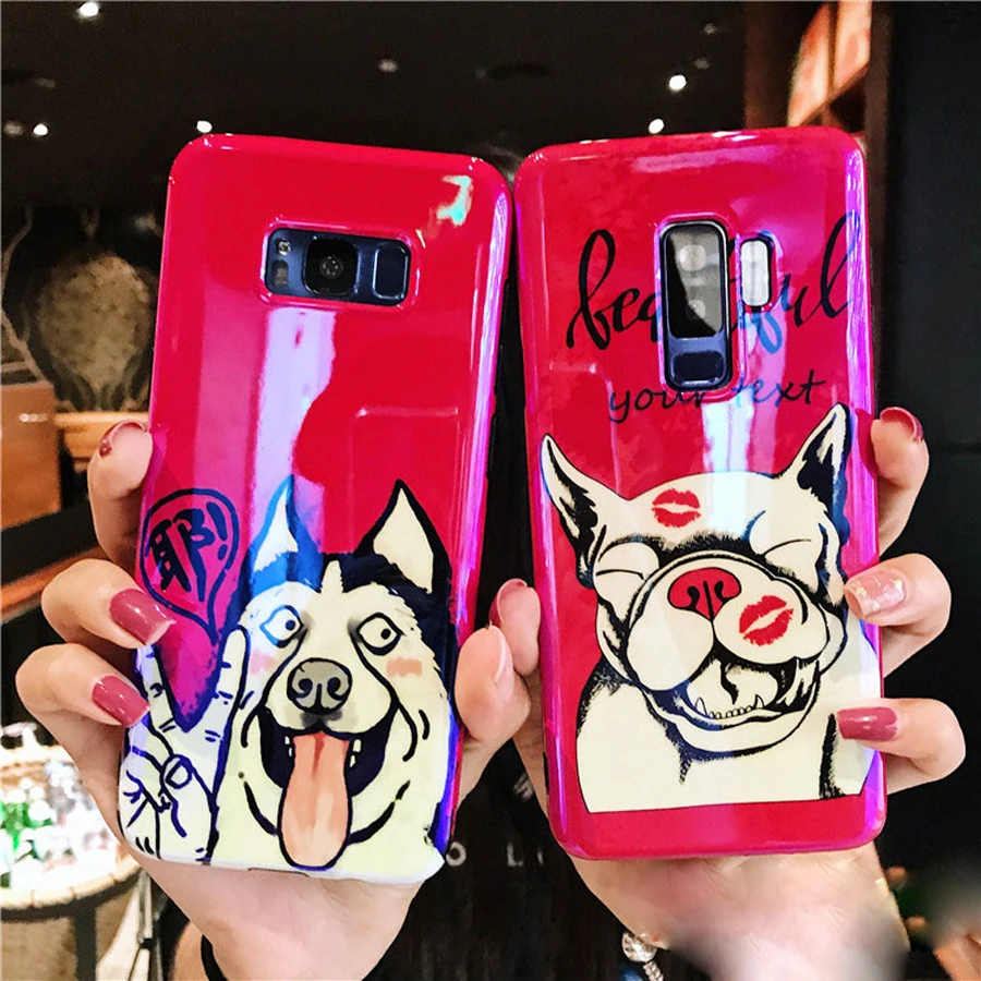 

For samsung galaxy s8 plus s9 plus note 8 9 case cover cute cartoon dog blue ray relief tpu+pc hard protective phone bag shell