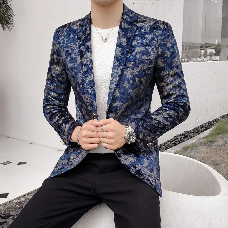 Mens Prom Blazer Blue Cloud Print Velvet Blazers Para Hombre Male ...