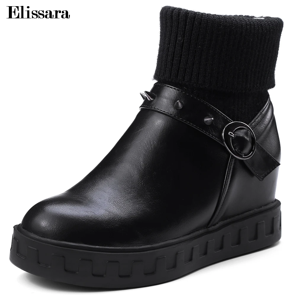 

Elissara Women Winter Boots Women Low Heel Ankle Boots Women Round Toe PU+Knitting Rivet Buckle Handmade Boots Plus Size 33-43