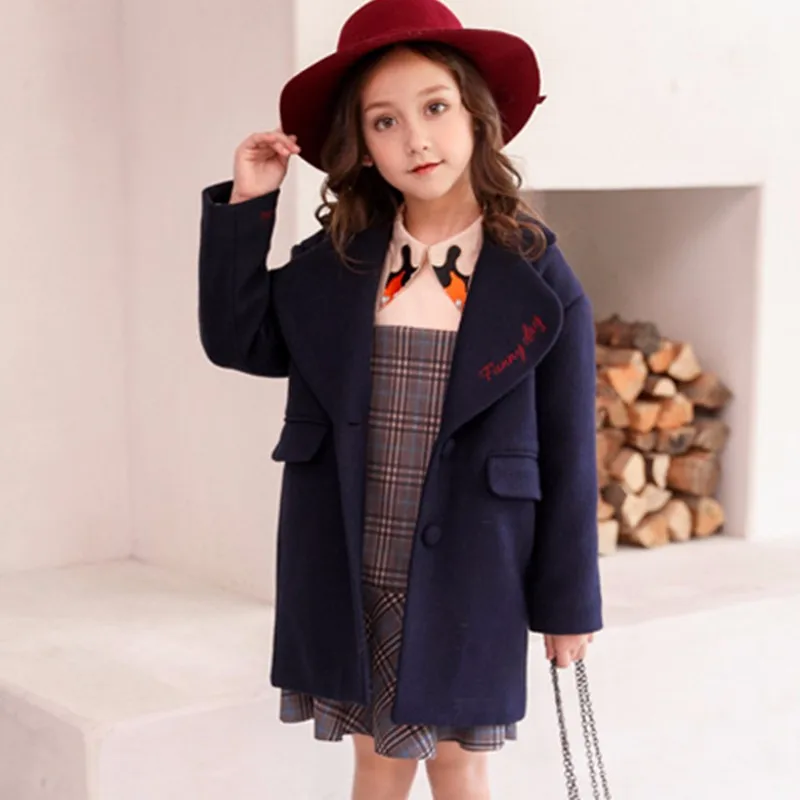 

Fashion Winter Girl Coat Letters Embroidery Woolen Coat Navy Blue Children Winter Coat Comfortable Casual Girl's Clothing