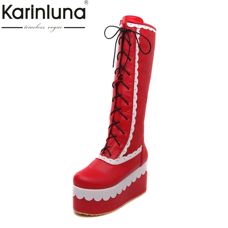 Cena KarinLuna nowy duży rozmiar grube platformy cosplay patchwork dziewczyny buty kobiety moda kliny wysoki obcas koronki up dodaj zimowe buty z futerkiem
