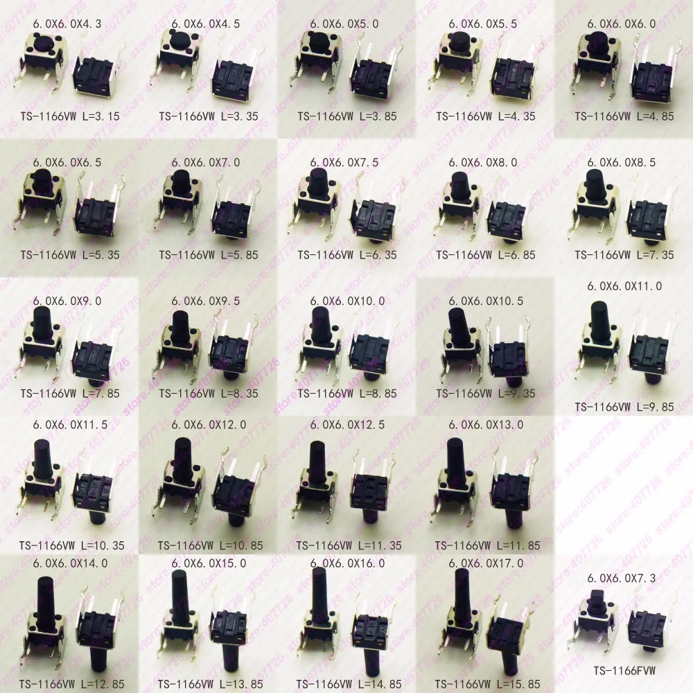 20 шт 6X6 H = 4,3/4,5/5/5,5/6,5/7 мм серии Кнопочный микропереключатель 90 градусов по горизонтали Тип моментальный тактовый переключатель с подставкой