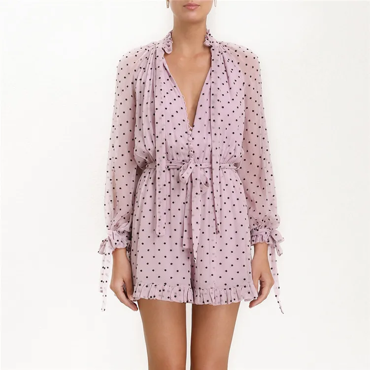

2019 New Simulated Silk Powder Purple Wave Point Vertical V Collar Buckle Long Sleeve Ribbon Waist Clothes Trousers Women