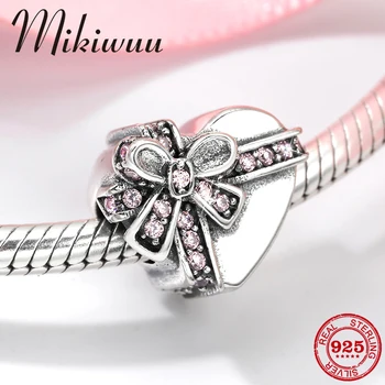 

925 Sterling Silver Heart shape Pink CZ bow Valentine's Day Gift box Bead Jewelry making fit Original Pandora Charm Bracelet