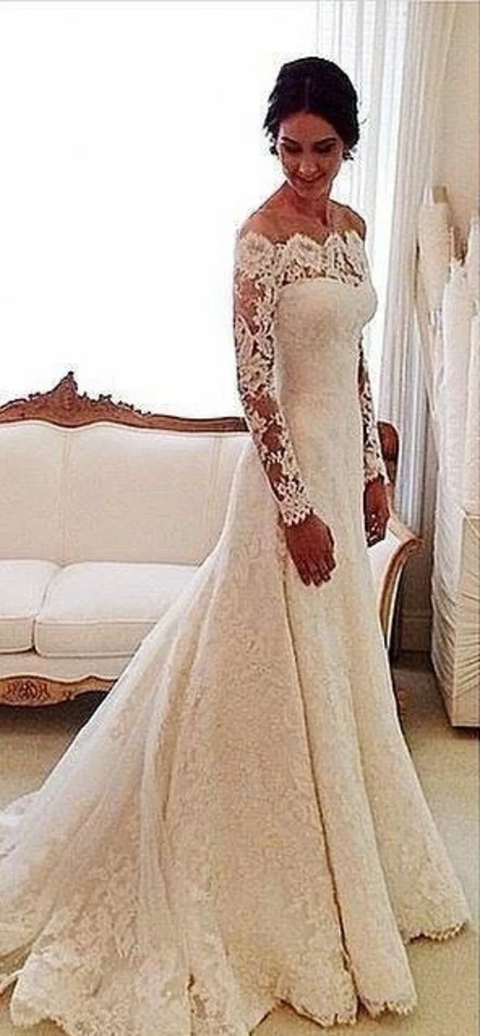 Mermaid Long Sleeve Lace Wedding Dresses 2015 Boat Neck