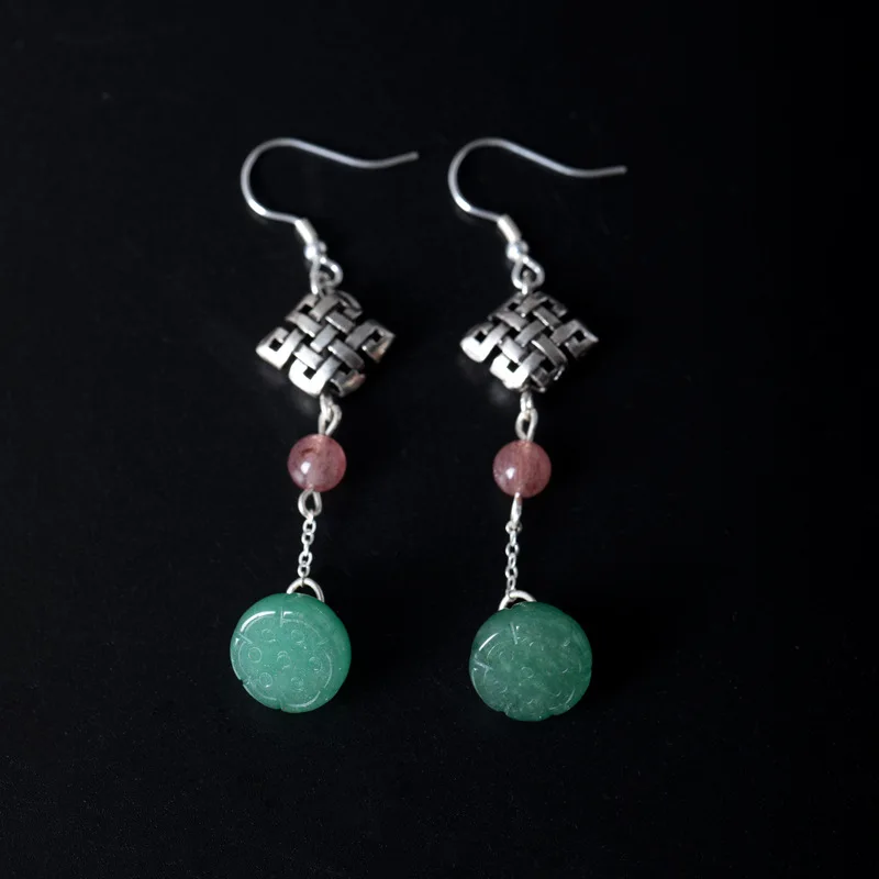 

Handmade 925 sterling silver drop earrings DIY original Chinese knot Strawberry Quartz hetian jade women earrings fine jewelry