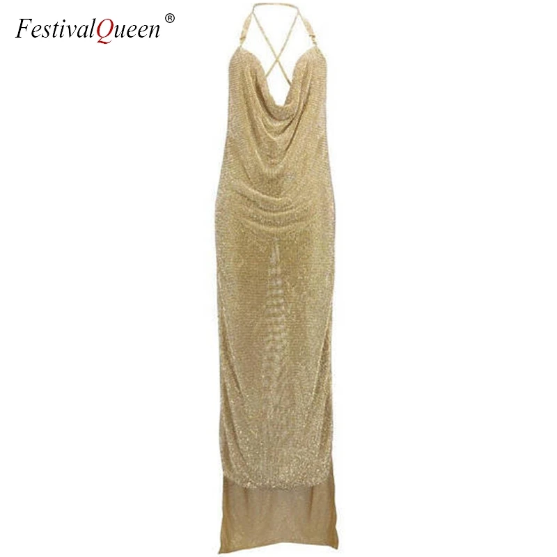 FestivalQueen Luxury Halter Rhinestone Sequins Dress Women Backless Glitter Side Split Diamond Party Nightclub Dress