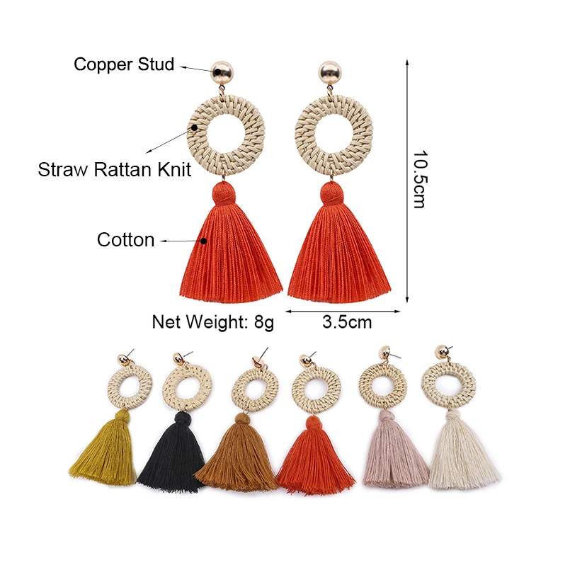 MANILAI Women Circular Straw Rattan Tassel Earrings Long Dangle Fringed Earrings Bohemian Statement Eardrop 2018 Jewelry Big